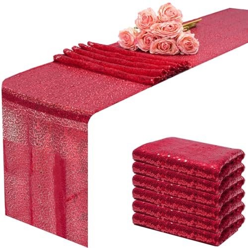 Aorokugatsu 12x108 inch Red Sequin Table Runner Sparkly Glitter Table Linens 6 Packs for Party Decorations Wedding Birthday Baby Shower Engagement Anniversary