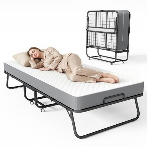 Superday Folding Bed with Mattress, 75” x 31” Portable Rollaway Bed, Twin Foldable Bed with 5 Mattress, Roll Away Beds for Adults, Fold up Beds for Guest Room&Small Apartment, Twin Size,Cot Size