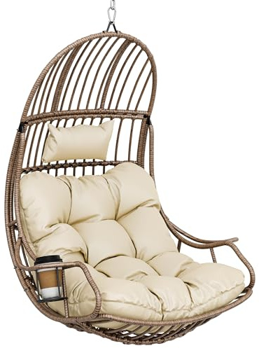 YITAHOME Silla Colgante de Huevo, Capacidad de Carga máxima de 150 kg, Silla de Huevo de ratán para Interiores y Exteriores, Hamaca con Cojines y portavasos para Patio, Dormitorio, jardín y balcón