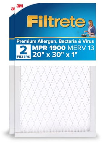 Filtrete 20x30x1 AC Furnace Air Filter, MERV 13, MPR 1900, Premium Allergen, Bacteria & Virus Filter, 3-Month Pleated 1-Inch Electrostatic Air Cleaning Filter, 2-Pack (Actual Size 19.81x29.81x0.78 in)