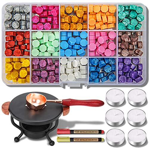 Kit cire cacheter YIPLED,310 pièces:perles,2 stylos,chauffe-cire,cuillère,bougies.Pour lettres,enveloppes,invitations perso,15 couleurs