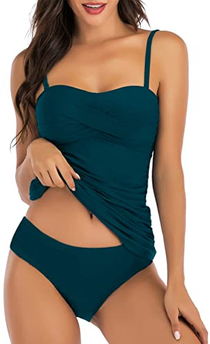 CheChury Tankini Sets for Women Swimming Costumes Bandeau Tankini Top with Removable Adjustable Straps Tummy Control Two Pieces Push Up Ladies Swimsuits Swimwear Bikini Bathing Suit,Blue,XXL