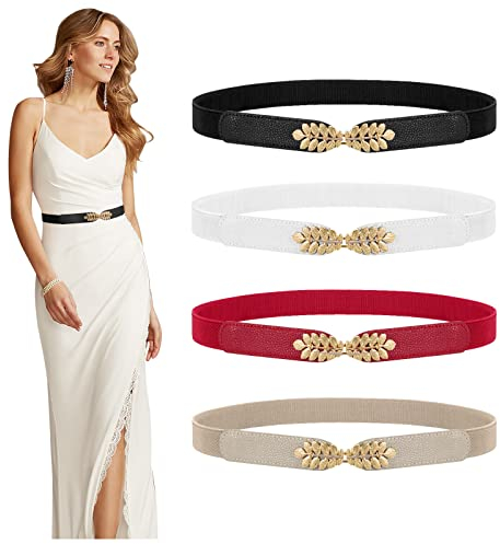 WERFORU 4er Pack Damen Dünne Elastische Gürtel Mode Blattlegierung Schnalle Dehnbar Dünner Taillengürtel für Kleider Schwarz/Weiß/Rot/Beige