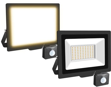 Willpower 2pcs Foco LED Exterior 50W Proyector LED con Detector de Movimiento Impermeable IP66 LuzLED Exterior 3500K Bianco Caldo Luz de Inundación Seguridad para Garaje Patio Jardín Terraza Parque