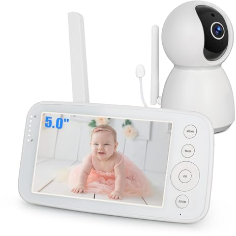 Hakaug Baby Monitor 5.0 720P Display 2X Digtal Zoom 1080P Camera Pan 360 ° Tilt 90° FHSS Transmission Two-way Audio Infrared Night Vision (White)