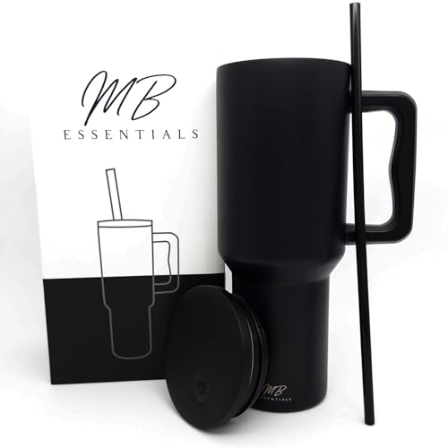 MB Essentials Thermobecher mit Strohhalm und Henkel, 1200ml Edelstahl Kaffeebecher to go mit Griff, für warme und kalte Getränke, Tumbler Cup mit Deckel, Reisebecher, Geschenkidee (Schwarz)