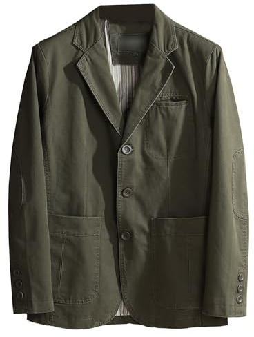Men's Casual Notched Lapel Collar Coat Washed Fit Three-Buttons Blazer Jackets Vintage Style Sport Cotton Suit Jacket, Military Green, XX-L