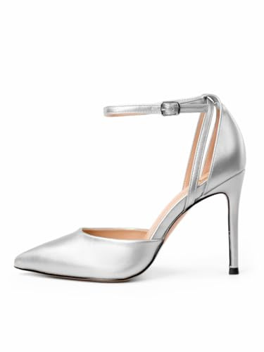 Rio Fiore Scarpe con Tacco, Decollete con Tacco a Spillo, Argento, 8.5 cm, Pelle Sintetica, High Heels, Décolleté a Punta, Cinturino alla Caviglia, 8194-7-8 (Argento, 40 EU)