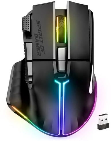 SPIRIT OF GAMER - PRO M5, Kabellose RGB Gaming Maus für PC, 8 Programmierbare Tasten inkl. 1 Rapid Fire, Bluetooth & 2,4 GHz Verbindung, Lange Akkulaufzeit 90h, Ergonomische Gaming Mouse, Schwarz
