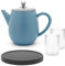 Doppelwandige Teekanne 1.1 Liter blau - Edelstahlkanne Set mit schwarzem Holz-Untersetzer & 2 isolierende Teegläser je 290 ml