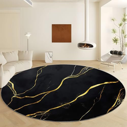 Waschbare Runde Teppiche 90 cm, Goldlinien Aus Marmor Rutschfester Runder Teppich für das Wohnzimmer, Schwarzes Gold Weicher Niedrigfloriger Teppich für unter den Esstisch