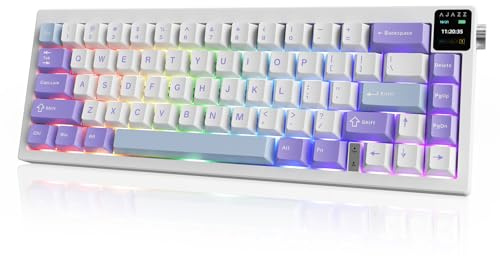 NACODEX AK650 Gasket Mechanical Keyboard, 65% Wireless Hot Swappable Keyboard with TFT Screen and Knob, RGB Backlit, Five-Layer Padding, 2.4GHz/USB-C/BT5.3 Gaming Keyboards, Purplish White Blue