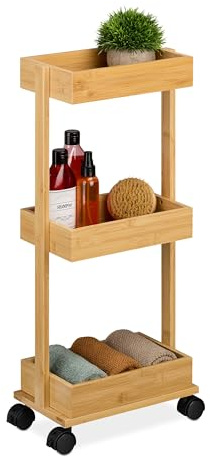 Relaxdays Carrito Baño, Bambú, 3 Niveles, 71,5 x 31 x 18 cm, 4 Ruedas, Aseo, Cocina, Carro Auxiliar Estrecho, Natural