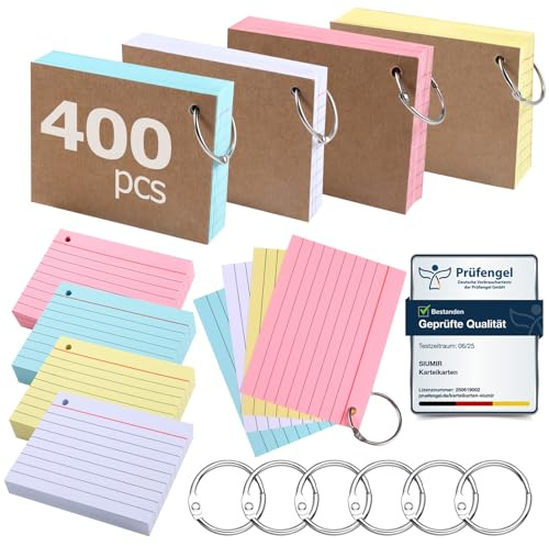 Siumir 400-pack indexkort, 150 g/m², dubbelsidigt tryck, A7-flashcards, fyra färger fodrade indexkort, lämpliga för kontor och hem och skolor (10 x 7,6 cm)