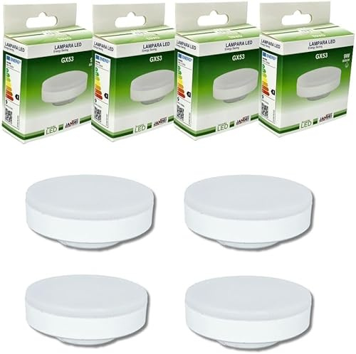 Jandei - 4 x Bombilla Led GX53 9W (6000K blanco frío). Perfecto para Salón, Cocina, Escritorio, Mesilla de Noche, Habitación, Oficina. Dimensiones: 74 x 28 mm. Ahorro de energía.