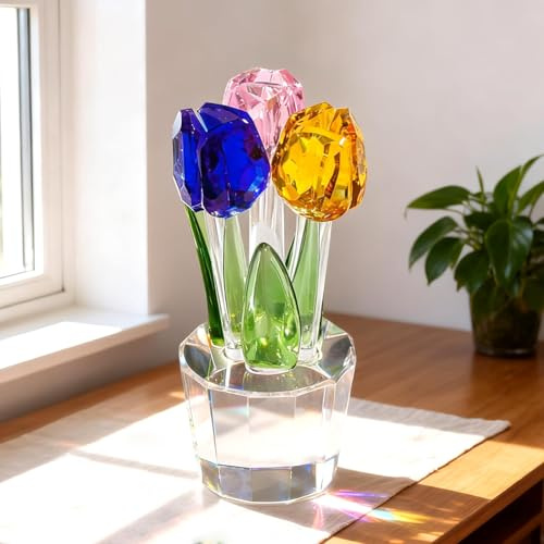 JUUDDENPARTS Crystal Multicoloured Tulip Bouquet Figurine, Ladies' Collectible Ornament, Glass Painted Tulip Floral Centrepiece, Suitable for Romantic Valentine's Day, Christmas and Birthday Present