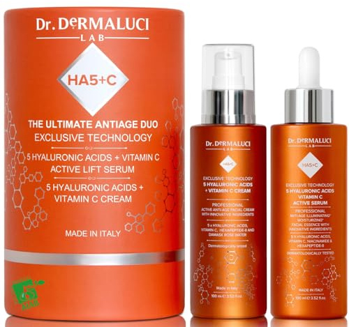 Dr. Dermaluci Lab - Cofanetto Regalo Donna/Uomo Compleanno BIO - Antirughe, Idratante, Illuminante - Siero Vitamina C + Crema 5 Acidi Ialuronici 2x100ml - Hexapeptide, Centella - Made in Italy