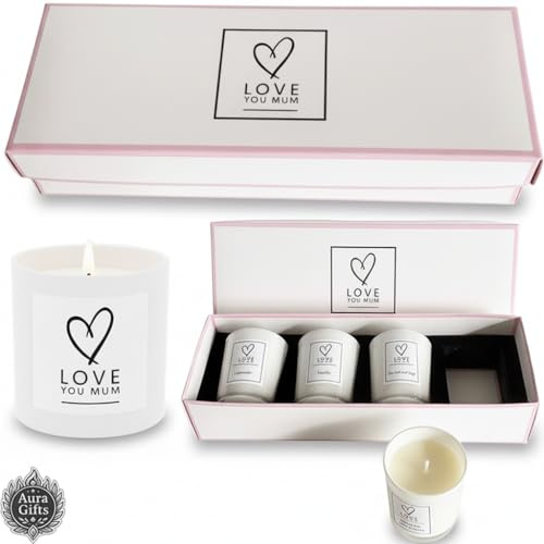 Candle Gift Set – 4 Scented Votive Candles for Home –– Luxury Velvet-Lined Gift Box – Gift for Her Birthday, Christmas, Mother’s Day (Love You Mum - White)
