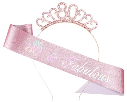 80 Ans Couronne Anniversaire Écharpe, Echarpe Couronne Anniversaire, Or Rose Sash Diadème pour Femme Fille 80e Anniversaire