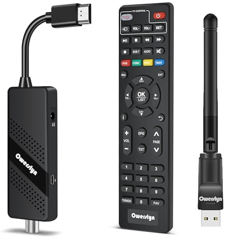 Decoder Digitale Terrestre 2026 + WiFi USB MT7601, OWERSLYN Decoder DVB-T2, HD 1080P H.265 HEVC, TV Stick con Uscita HDMI/AV, HDMI CEC, USB Multimediale, Funzione PVR, Telecomando Infrarossi 2in1