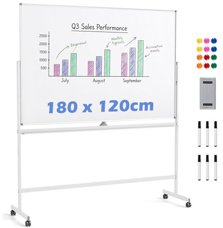 COSTWAY Tableau Blanc Effacable sur Pied 180 x 120 cm, Double Face, Tableau Blanc Roulette, 2 Hauteurs Réglables, Cadre en Alu Métal, 10 Aimants, Whiteboard Magnetique pour École Bureau Maison