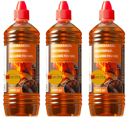 Moritz 3X 1000 ml Grill Anzünder Gel für alle Arten von Kohle - Kamine - Brennpaste in 1Liter Flasche Tischgrill flüssiges Anzündgel Feuergel für Grill und Kamin geruchlose Brennpaste