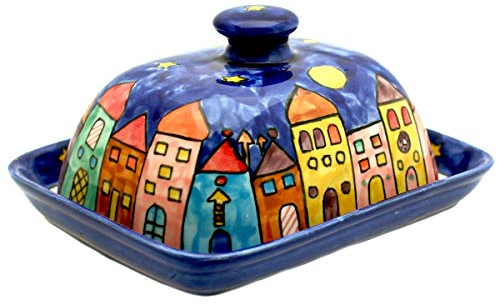 Butterdose mit Deckel, designed by Gall&Zick, handgefertigt aus Keramik, für ein normales 250g Stück Butter, bunt handbemalt, spülmaschinenfest (New Village)