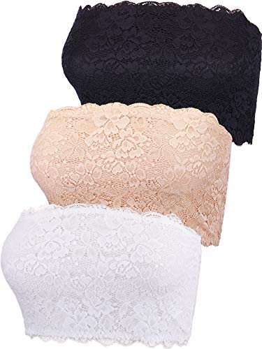 Boao 3 Pieces Women's Floral Lace Tube Top Bra Bandeau Strapless Bras Seamless Stretchy Chest Wrap (Color Set 1, XXL Size)