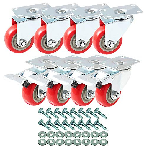 8 Pack 3 Inch Combo Caster Swivel Plate 4 w/Brake & 4 Plate Heavy Duty on Red PU Wheels with Heavy Duty Screws