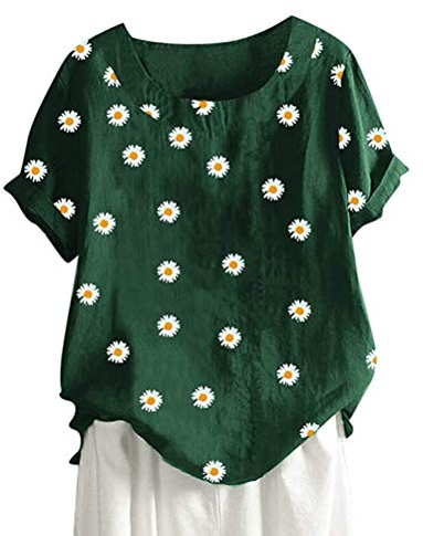 Minetom Leinenbluse Damen Sommer Chrysantheme Print T Shirts Kurzarm Loose Rundhals Oberteile Tunika Tops A Grün 48
