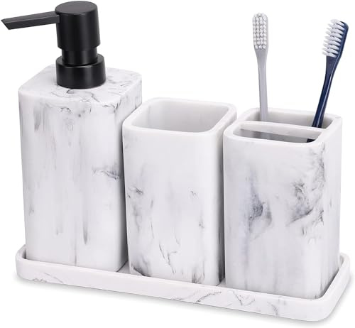 ZCCZ Juegos de Accesorios de baño 4 Piezas Blanco con Dispensador de jabón, Vaso, Soporte para Cepillo de Dientes y Bandeja - Set Efecto mármol Elegante para Decoración Moderna