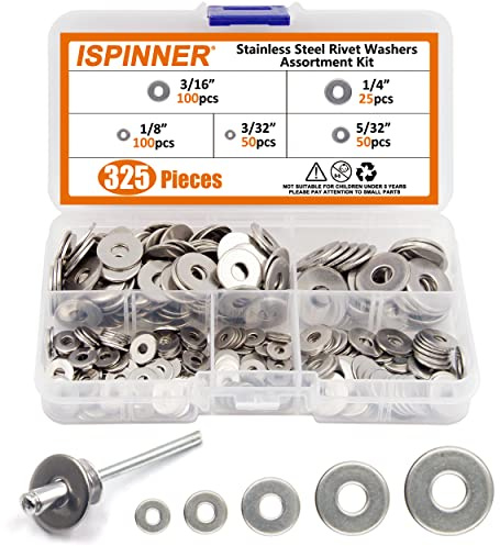 ISPINNER 325pcs Backup Rivet Washers Assortment Kit, Stainless Steel Washers for Blind Pop Rivets Diameter 3/32 1/8 5/32 3/16 1/4(Silver)