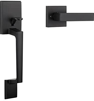 Haidms Matte Black Front Door Handle, Single Cylinder Exterior Door Entry Handle with Door Lever, Entry Door Handle Set, Reversible for Right and Left Handed Sided Doors