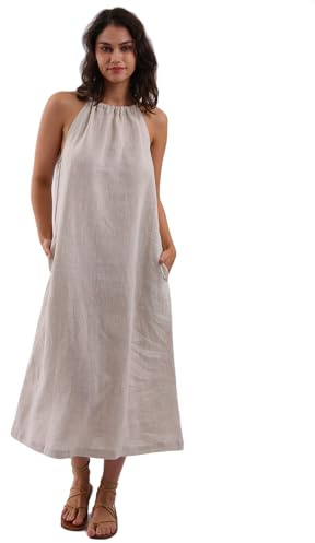 Amazhiyu Women's 100% Linen Dress- Summer Halter Dress with Belt & Pocket | Maxi-length, Flowy Hem, Casual Style, Printed/Solid, Machine Wash