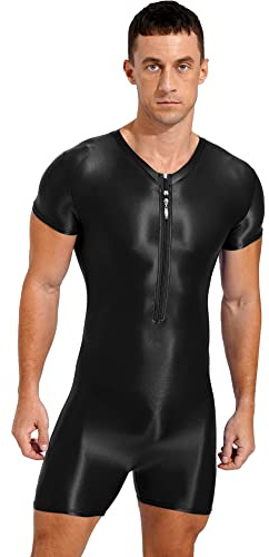 iEFiEL Herren Öl Body Glossy Ganzanzug Kurz Bodysuit Bodycon Sportbody mit Reißverschluss Eng Stretch Gymnastikbody Unterwäsche Schwarz M