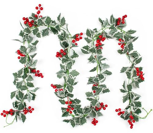 3 Pack Christmas Berry Holly Garlands 25.5 Feet Artificial Greenery Garlands with White-Edged Green Leaves Winter Snowy Hanging Vine for Xmas Home Dining Room Deck Railing Staircase Decorations