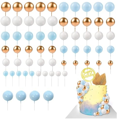 Peiyee 108 stycken tårtdekorationer födelsedag, gyllene kulor, tårtdekoration, cupcake-topp, tårtdekorationer för alla hjärtans dag, födelsedag, bröllop, dekoration (blå, vit, guld)