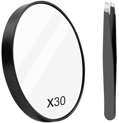 ZSRVAJ Small Magnifying Mirror 30x, 3.5 Inches With Tweezers, Stick-on Shower Travel Pocket Mirror
