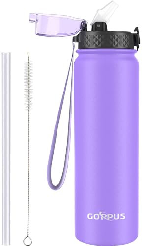 GOPPUS Borraccia in acciaio inox da 1 l, con cannuccia, isolamento a doppia parete, con cinghia, riutilizzabile, sottovuoto, a prova di perdite, mantiene le bevande fredde, con coperchio ribaltabile