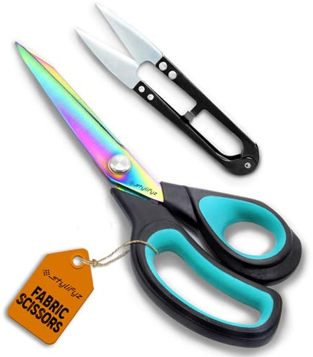 STYLIFYZ Fabric Scissors, 9.5 Inch Dressmaking Scissors, Titanium Coated Stainless Steel Sewing Scissors, Multi-Purpose Sharp Shears with Soft Grip | Including Thread Snips (Blue/Black)