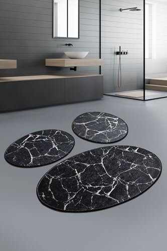 Bosdela Badezimmerteppiche Marble Black (3-teilig), 60x100 cm – rutschfest, Weich, Luxuriöses Marmor-Design, Badvorleger Set für Badezimmer, Dusche, WC