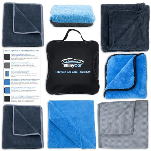ShinyCar®UK: Ultimate Car Detailing Towel Kit - Professional-Grade Microfibre Set with Twisted Loop Drying Towel, Glass Cloth, Wax Applicator Pad, Buffing Towels & Work Cloths For Cleaning & Polishing