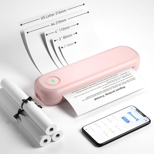 Bisofice L86 Mobiler Drucker A4 für Unterwegs 300 DPI, Kabelloser Reisedrucker Kompatibel mit Android/iOS, Tragbarer Thermodrucker A4 für Laptop, Reisen,Büro, mit 3 Thermopapier Rolle