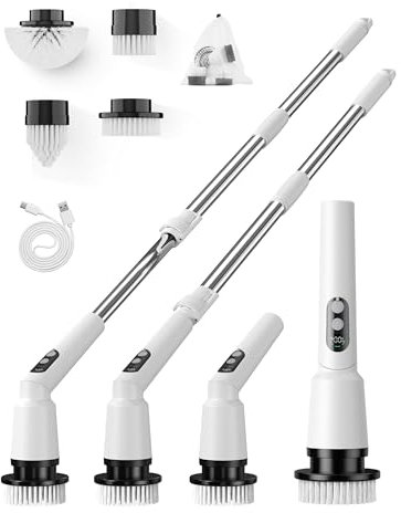 Limpiador giratorio eléctrico inalámbrico, 4 cabezales de cepillo, IPX7 impermeable, 3 velocidades, mango ajustable (11-51 pulgadas), baño, azulejos, cocina, coche y herramienta de limpieza de suelos