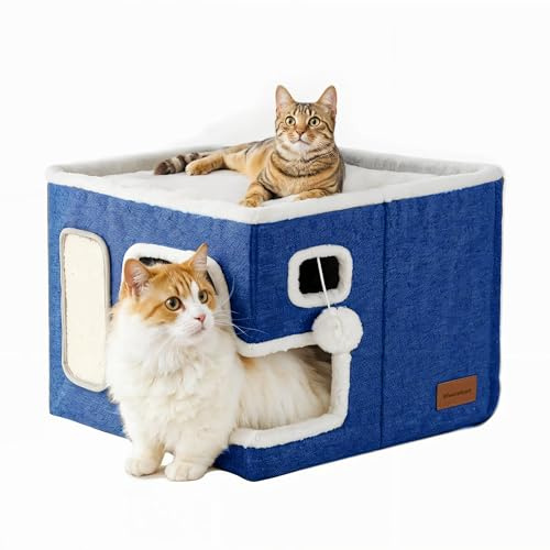 Cat house,Blue cat house,foldable modern cat cube bed with fluffy ball and scratching board, Multifunctional comfortable large blue cat cave & hideaway for indoor cats,16x16x13.5 Inches