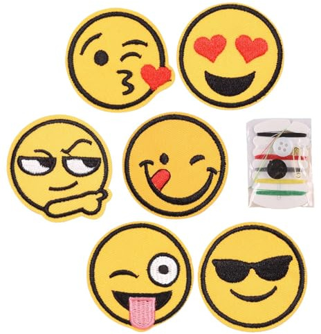 Bestickte Aufnäher, 6 Stück Smile Face Aufnäher zum Aufbügeln mit Nähset, gelbes Lächeln, niedliches fröhliches Gesicht Patches für Kleidung, Jeans, Taschen, Hut, Basteln, Dekoration, DIY-Zubehör