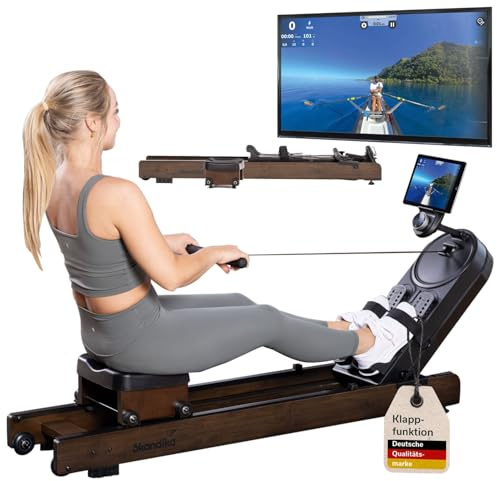 Skandika Roddmaskin Rovek | roddmaskin trä för hem, magnetmotstånd med 32 steg, 6 kg svängmasssystem, kompatibel med Kinomap-appen, justerbar, upp till 195 cm (mörkbrun)