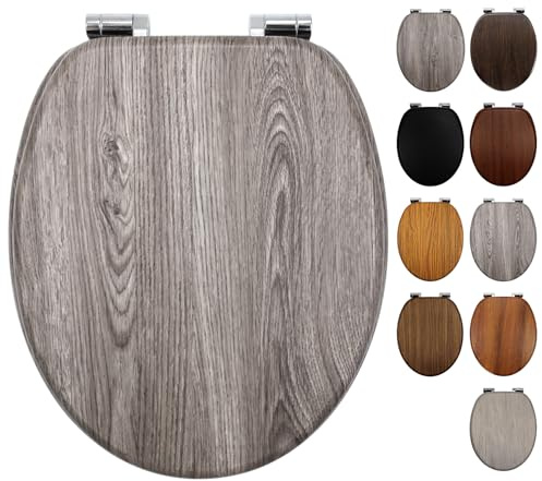 Fanmitrk Standard Wooden Toilet Seat Soft Close, MDF Adjustable Hinges with Bottom Fixture,Easy to Clean and Install for Bathroom (JHC105-3-01)