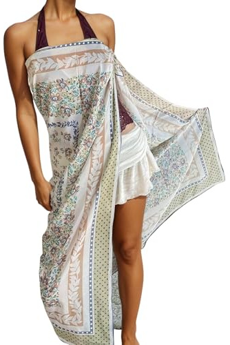 Prettystern Pareo Donna XL 125 cm Copricostume in Cotone Seta Foulard Estivo Stola Sciarpa Grande per Spiaggia e Vacanze floreali avorio e kaki SB01