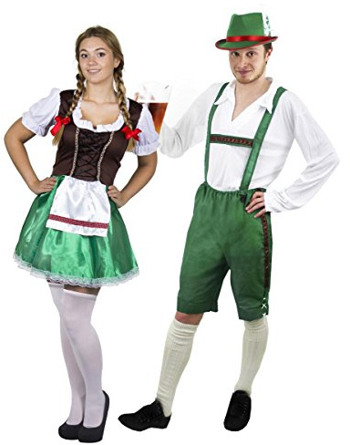 Accessoires de costume pour couples bavarois adultes avec une salopette courte verte pour l'homme + un haut blanc + un chapeau vert et pour la femme une jupe verte et marron + des bas blancs.